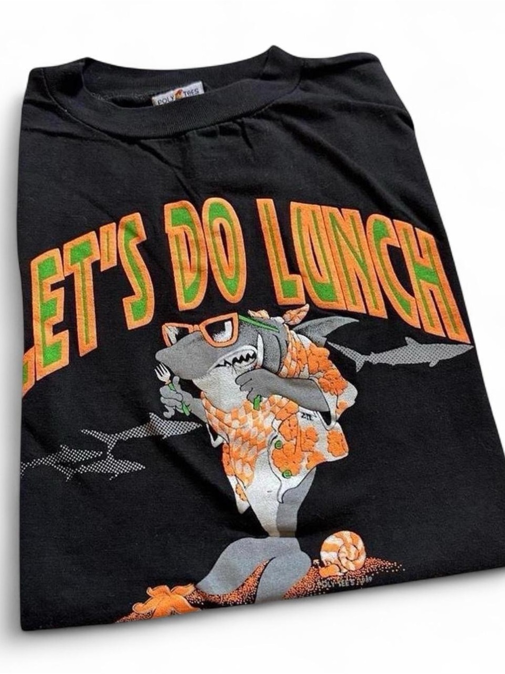 Vintage 80s Hawaii Shark Let's Do Lunch Graphic Tee - Black & Orange L
